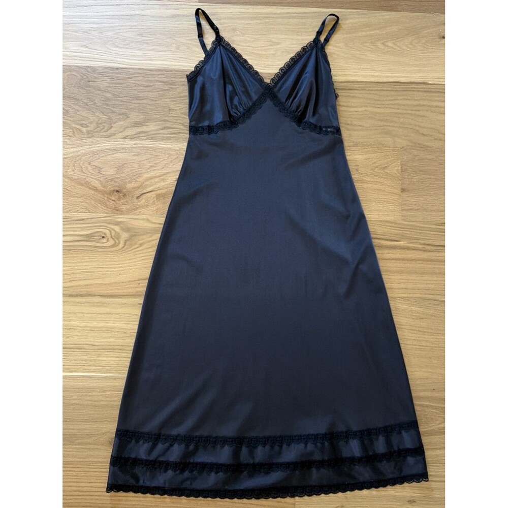 Vtg Sears Women V Neck Nightgown Babydoll Slip Dress 34 Black Lace Trim Romantic
